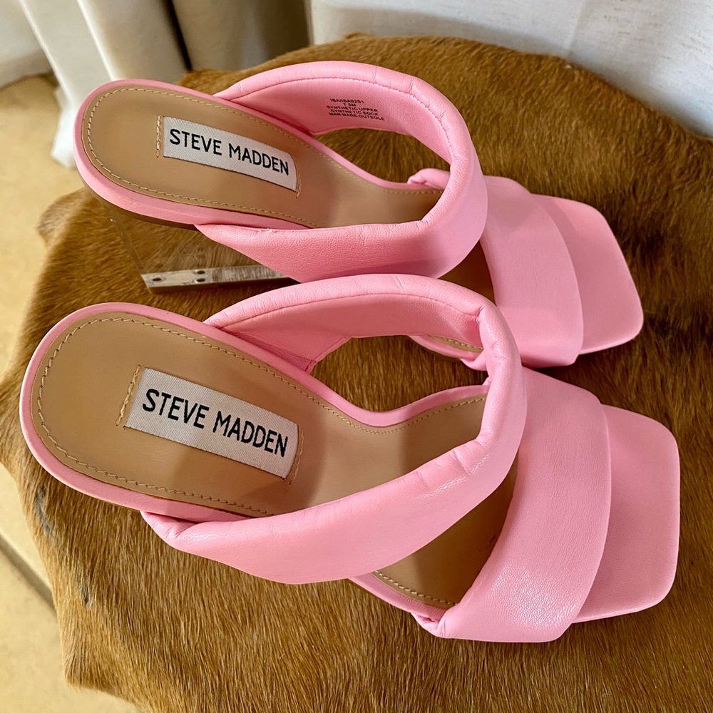 Steve Madden Isa Pink Clear Lucite Wedge Sandals Open Toe Transparent Heel 7.5 - Picture 7 of 14